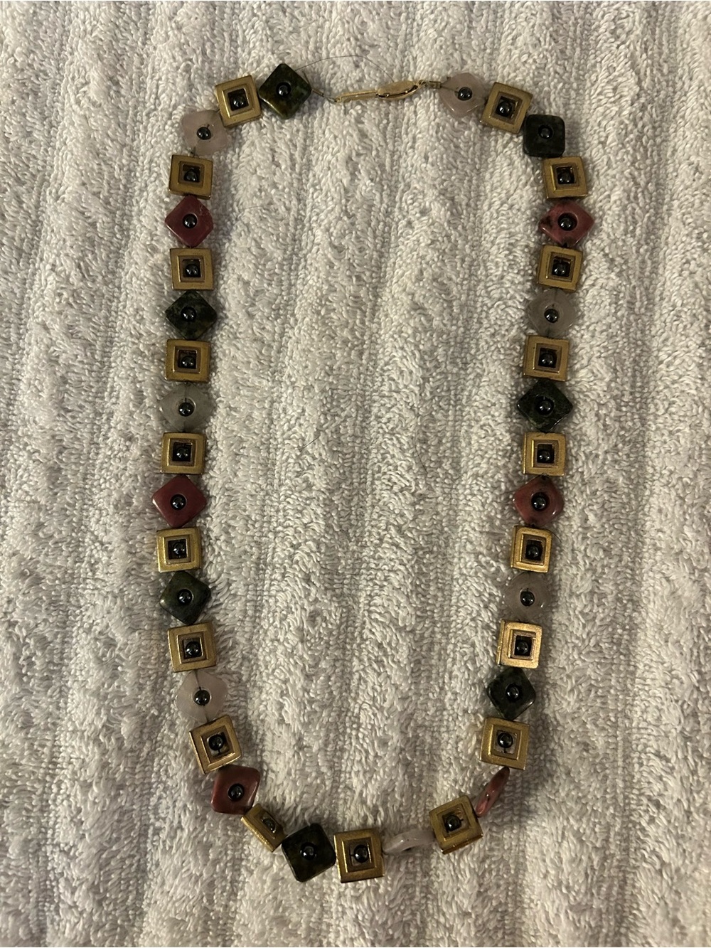 Gold-Tone Geometric Bead Necklace in Green, Pink and Black